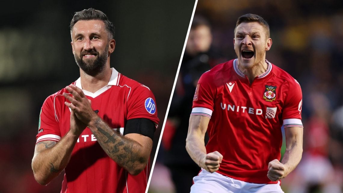 A split image of Wrexham striker Ollie Palmer (K) and Wrexham striker Paul Mullin (R)