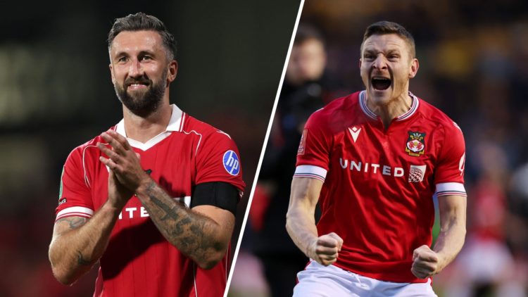A split image of Wrexham striker Ollie Palmer (K) and Wrexham striker Paul Mullin (R)