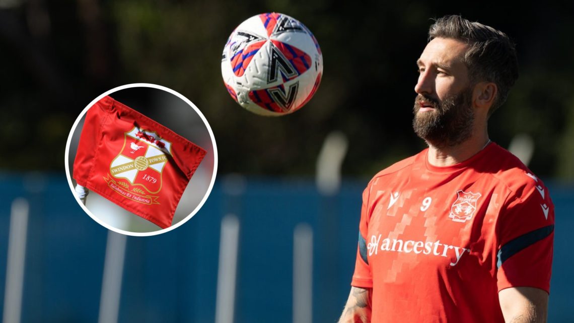Ollie Palmer in Wrexham training. Inset, the Swindon Town badge on a corner flag.
