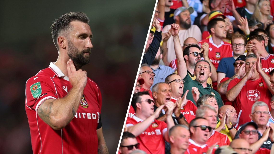 A split image of Wrexham striker Ollie Palmer (L) and Wrexham fans cheering the team on (R)
