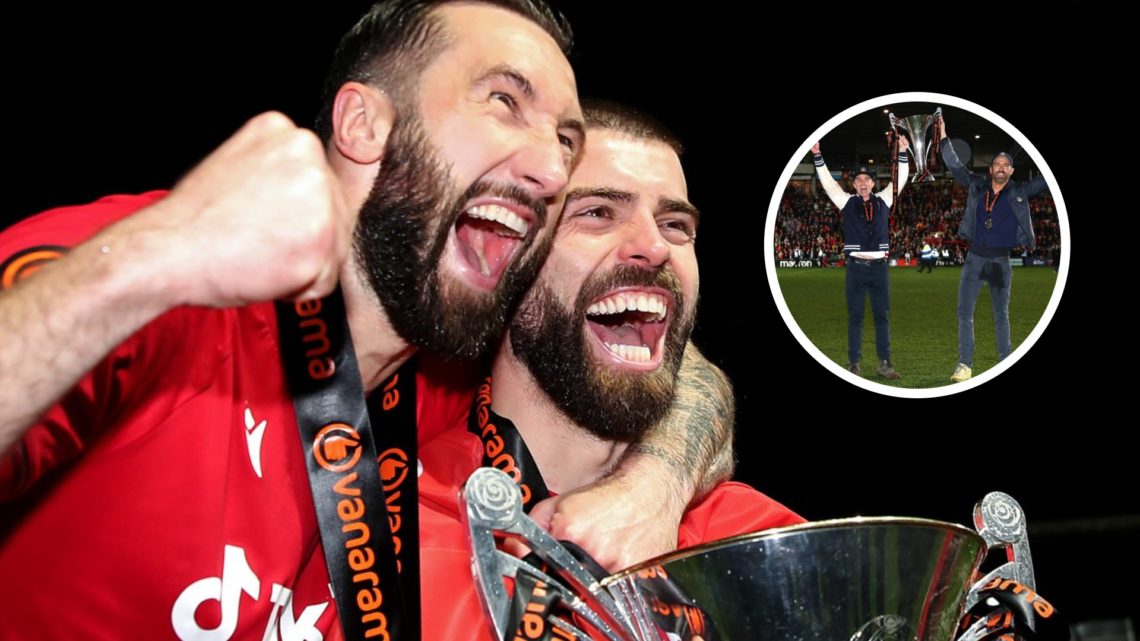 Ollie Palmer and Elliot Lee of Wrexham celebrate. Inset: Rob Mac and Ryan Reynolds, Owners of Wrexham celebrate with the Vanarama National League t...