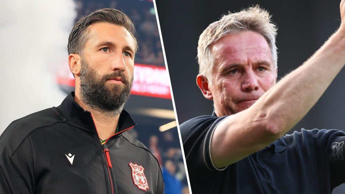 Split image of Wrexham star Ollie Palmer (L) and manager Phil Parkinson (R)
