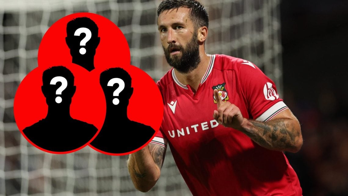 Ollie Palmer of Wrexham signals the 2-1 score at the time to the Walsall fans