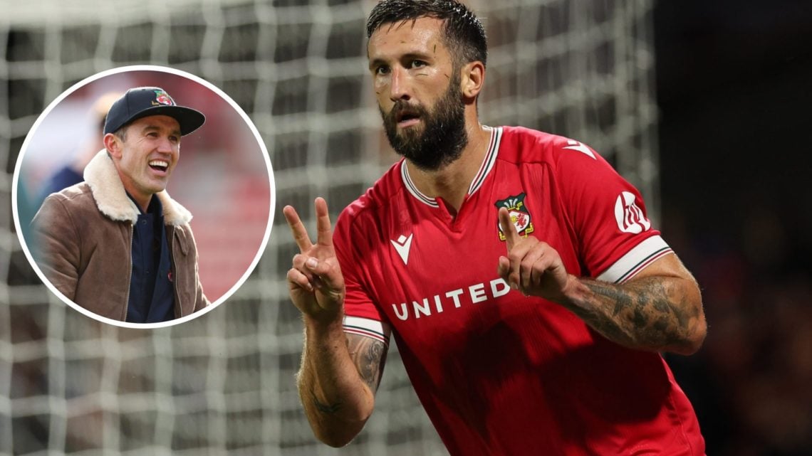 Ollie Palmer of Wrexham signals the 2-1 score at the time to the Walsall fans. Rob McElhenney before Wrexham v Notts County.