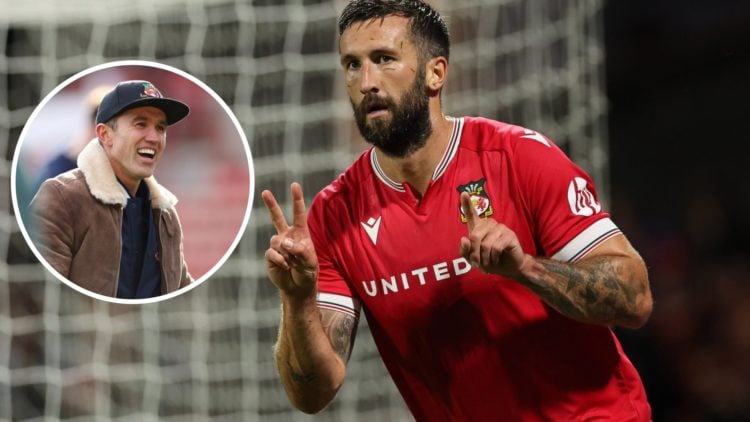 Ollie Palmer of Wrexham signals the 2-1 score at the time to the Walsall fans. Rob McElhenney before Wrexham v Notts County.