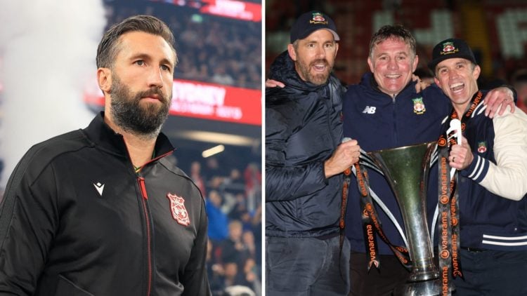 Ryan Reynolds, Rob McElhenney and Phil Parkinson after Wrexham v Boreham Wood - Vanarama National League. Ollie Palmer before the match between Wre...