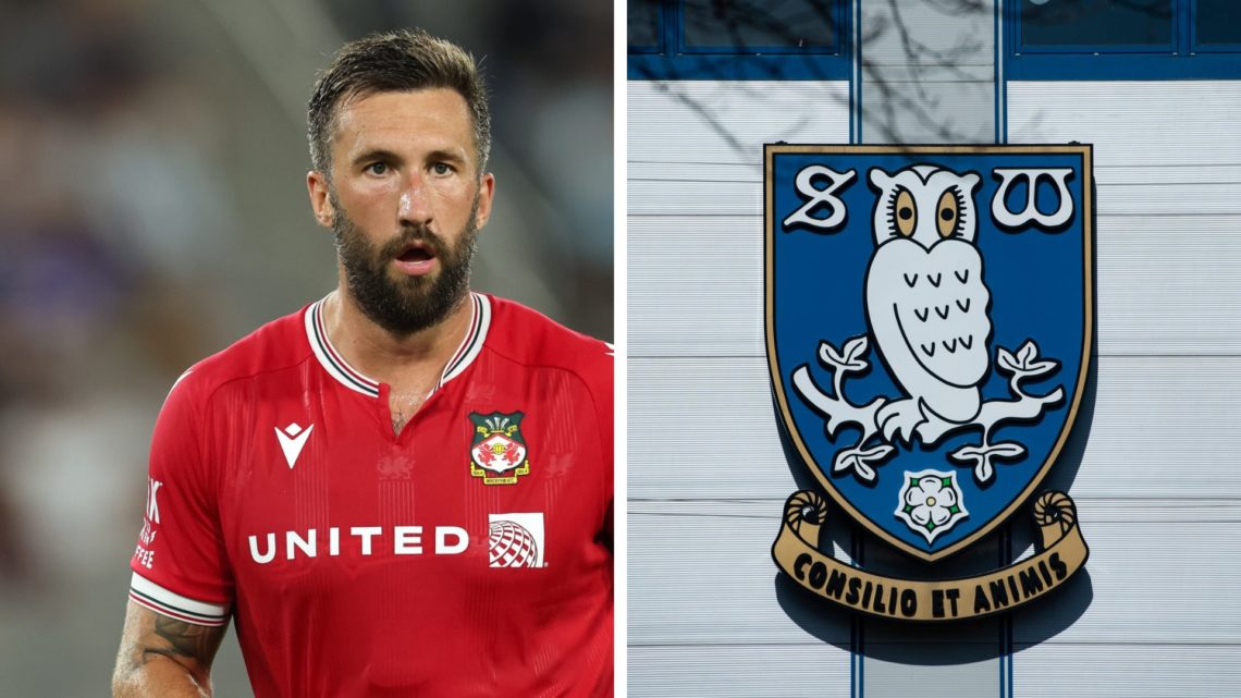 Ollie Palmer during Manchester United v Wrexham - Pre-Season Friendly. The Sheffield Wednesday club crest outside the Hillsborough Stadium.