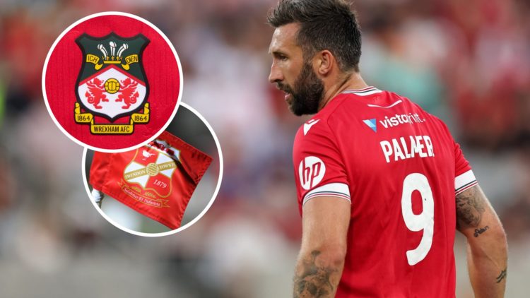 Ollie Palmer during Manchester United v Wrexham - Pre-Season Friendly. The official club badge of Wrexham AFC on a home shirt. A Swindon Town corne...