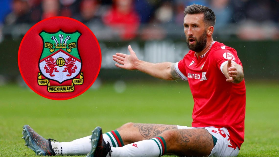 Ollie Palmer during Wrexham v Milton Keynes Dons - Sky Bet League Two. Detailed view of a Wrexham club crest