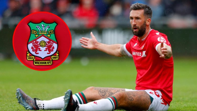 Ollie Palmer during Wrexham v Milton Keynes Dons - Sky Bet League Two. Detailed view of a Wrexham club crest