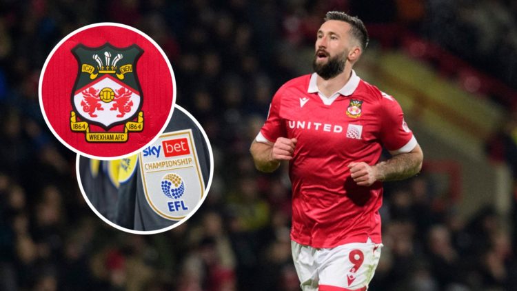 Ollie Palmer in action during Wrexham AFC v Lincoln City FC in the Sky Bet League One clash. EFL Championship logo on a shirt ahead of Norwich City...