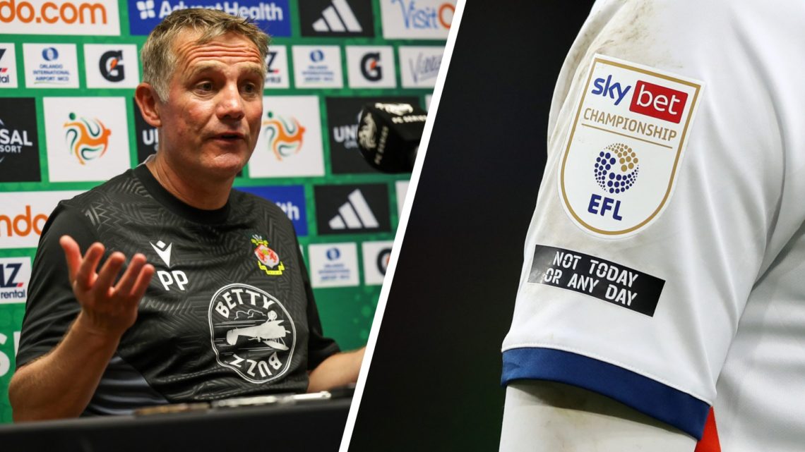 Phil Parkinson at a Wrexham press conference. A detailed view of a shirt sleeve with the EFL Championship logo during AFC Bournemouth v Luton Town ...