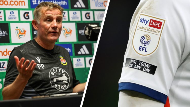 Phil Parkinson at a Wrexham press conference. A detailed view of a shirt sleeve with the EFL Championship logo during AFC Bournemouth v Luton Town ...