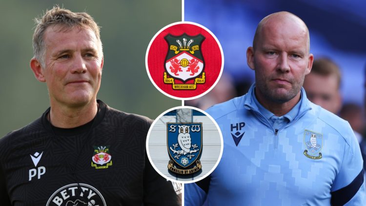 Wrexham boss Phil Parkinson looks on during a training session. The official club badge of Wrexham AFC on a home shirt. The Sheffield Wednesday clu...