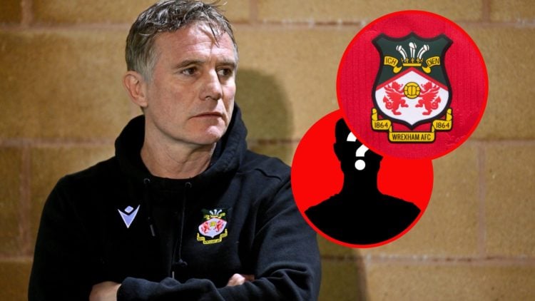 Phil Parkinson looks on during Forest Green Rovers v Wrexham. The official club badge of Wrexham AFC on a home shirt.