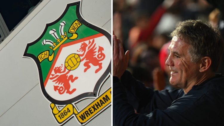 The official club badge of Wrexham AFC displayed on the outside of the Racecourse Ground. Phil Parkinson applauds after Wrexham's win over Boreham ...