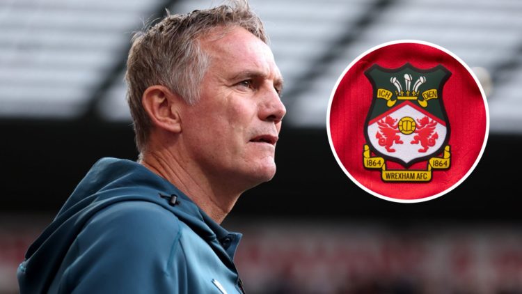 Phil Parkinson during Preston North End v Wrexham - Carabao Cup Second Round. The official club badge of Wrexham AFC on a home shirt.
