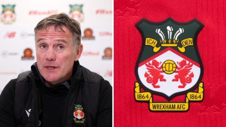 Wrexham boss Phil Parkinson speaks to the media. The official club badge of Wrexham AFC on a home shirt.
