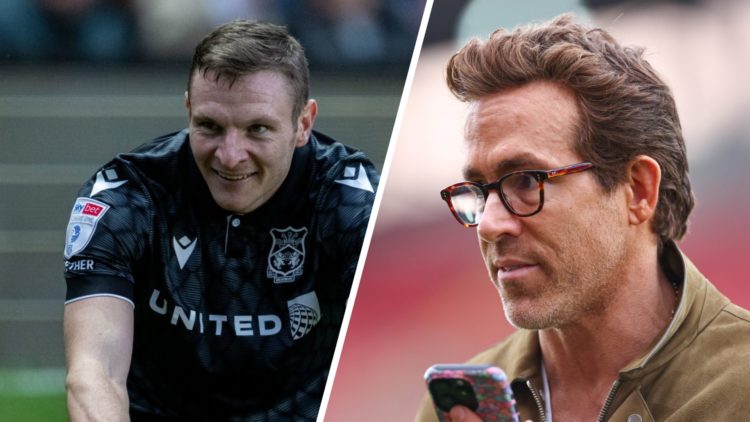 Paul Mullin of Wrexham AFC (left), Ryan Reynolds co-owner of Wrexham on the phone (right)