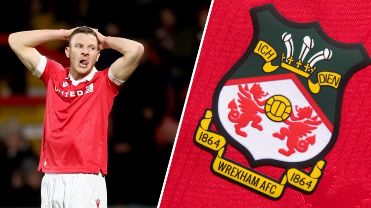 A split image of Wrexham striker Paul Mullin (L) and Wrexham badge (R)
