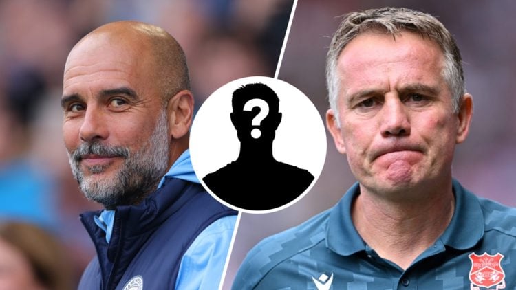 A split image of Manchester City boss Pep Guardiola (L) and Wrexham boss Phil Parkinson (R). Inset, a mystery player icon.