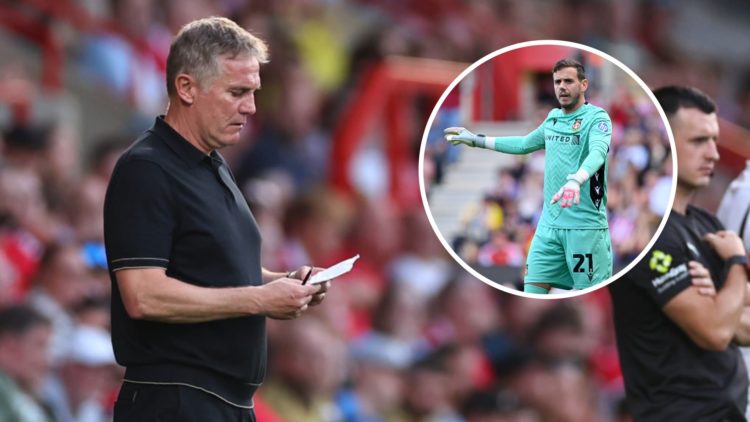 Phil Parkinson the head coach / manager of Wrexham takes notes. Inset: Danny Ward of Wrexham AFC