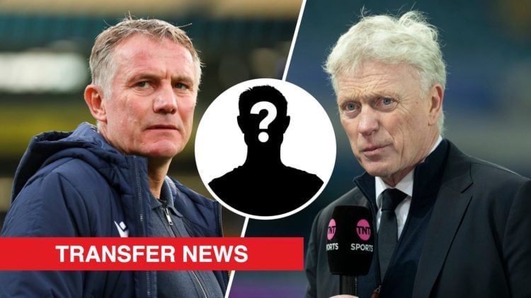A split image of Wrexham boss Phil Parkinson (L) and Everton boss David Moyes (R). Inset, a mystery player icon.