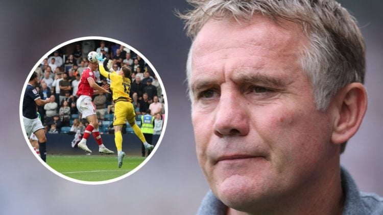 Phil Parkinson Wrexham Manager. Inset: Kieffer Moore of Wrexham rises to score past Steven Benda Of Millwall