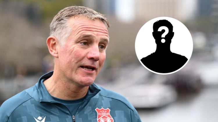 Wrexham boss Phil Parkinson looks on in Australia. Inset, a mystery player icon.
