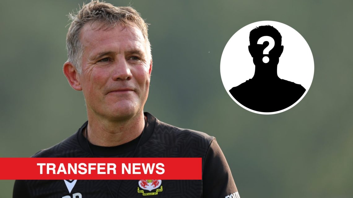 Wrexham boss Phil Parkinson looks on during a training session. Inset, a mystery player icon and a red banner with 'transfer news' in white text.