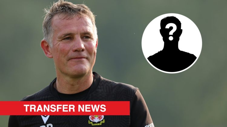 Wrexham boss Phil Parkinson looks on during a training session. Inset, a mystery player icon and a red banner with 'transfer news' in white text.