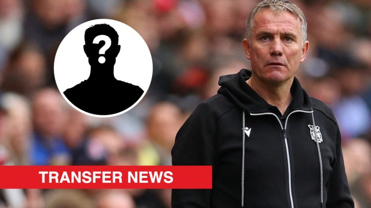 Wrexham boss Phil Parkinson watches on against Charlton Athletic. Inset, a mystery player icon and a red banner with 'transfer news' in white text.