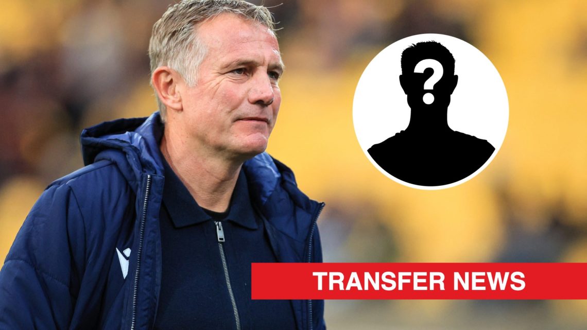 Wrexham boss Phil Parkinson looks on against Wellington Phoenix. Inset, a mystery player icon and a red banner with 'transfer news' in white text.