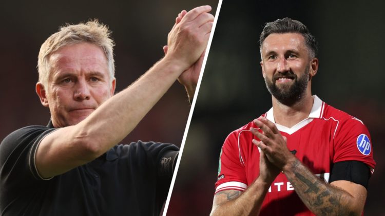 Phil Parkinson, Manager of Wrexham, applauds the fans (left), Ollie Palmer of Wrexham applauds the fans (right)