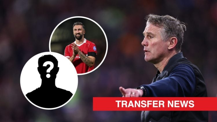Wrexham boss Phil Parkinson looks on against Huddersfield Town. Inset, Wrexham striker Ollie Palmer and a mystery player icon.