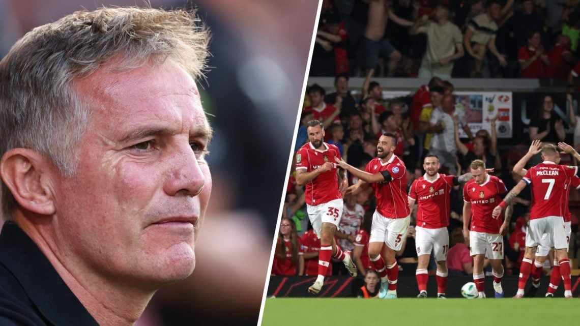 Phil Parkinson the head coach / manager of Wrexham (left), Ollie Palmer of Wrexham celebrates scoring (right)