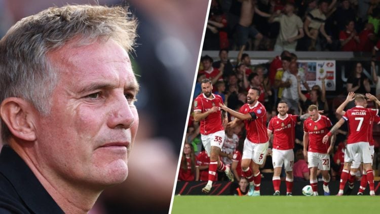 Phil Parkinson the head coach / manager of Wrexham (left), Ollie Palmer of Wrexham celebrates scoring (right)