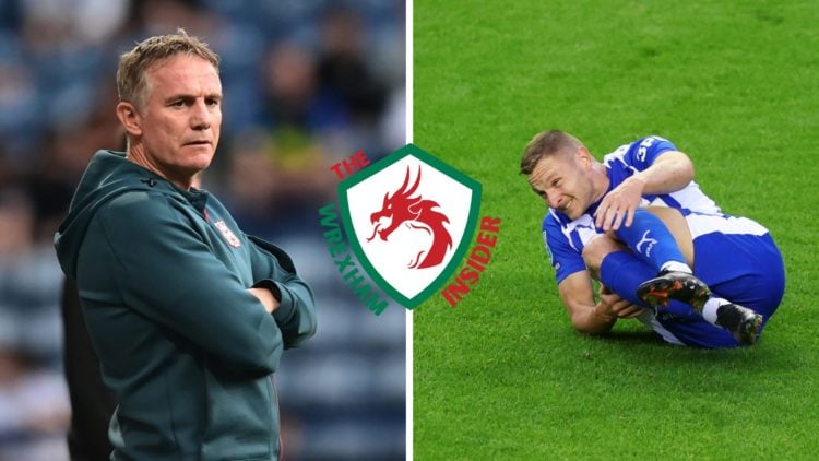 Wrexham manager Phil Parkinson looks on (left), Paul Mullin of Wigan Athletic reacts after a challenge (right). Inset: Wrexham Insider logo