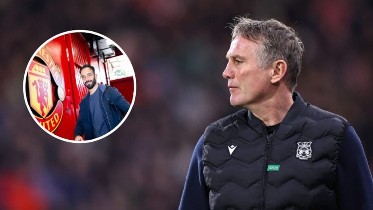 Phil Parkinson manager / head coach of Wrexham. Inset: Manchester United Head Coach / Manager Ruben Amorim arrives