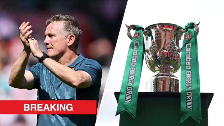 A split image of Wrexham boss Phil Parkinson (L) and the Carabao Cup trophy (R)