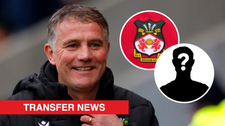 Wrexham boss Phil Parkinson looks on against Shrewsbury Town. Inset, the Wrexham badge and a mystery player icon.