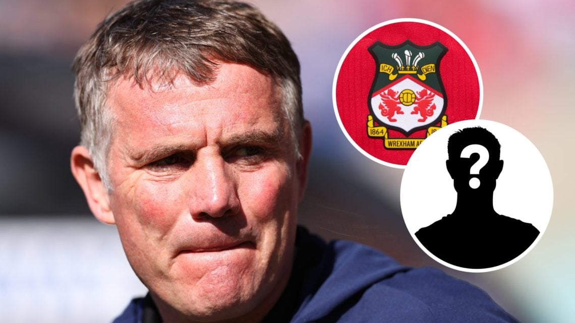 Wrexham boss Phil Parkinson looks on. Inset, the Wrexham badge and a mystery player icon.