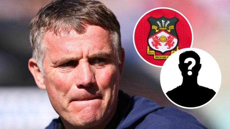 Wrexham boss Phil Parkinson looks on. Inset, the Wrexham badge and a mystery player icon.