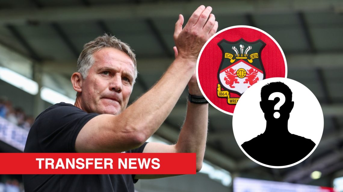 Wrexham boss Phil Parkinson looks on against Bolton Wanderers. Inset, the Wrexham badge and a mystery player icon.