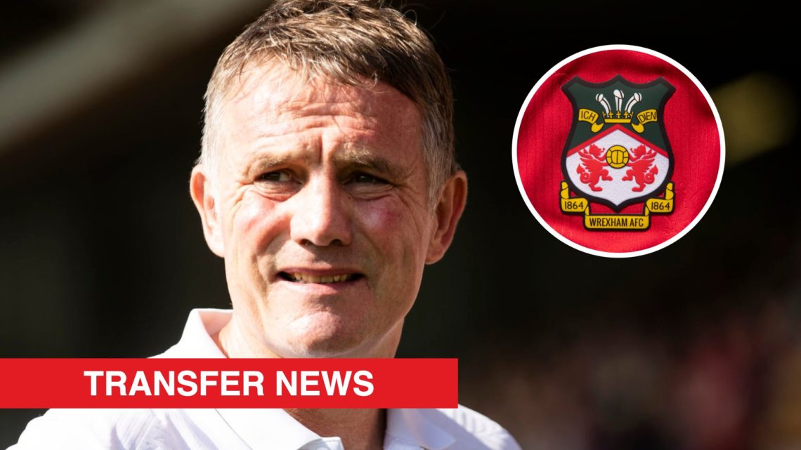 Wrexham boss Phil Parkinson looks on against Doncaster Rovers. Inset, the Wrexham badge and a red banner with 'transfer news' in white text.