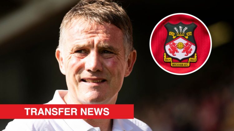 Wrexham boss Phil Parkinson looks on against Doncaster Rovers. Inset, the Wrexham badge and a red banner with 'transfer news' in white text.