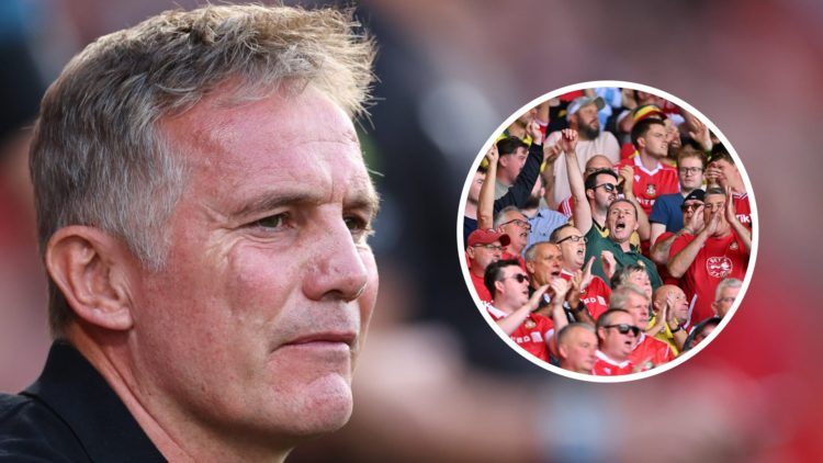 Phil Parkinson the head coach / manager of Wrexham. Inset: Fans of Wrexham show their support