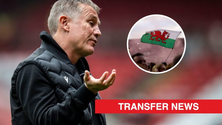 Wrexham boss Phil Parkinson. Inset, the Welsh flag and a red banner with 'transfer news' in white text.
