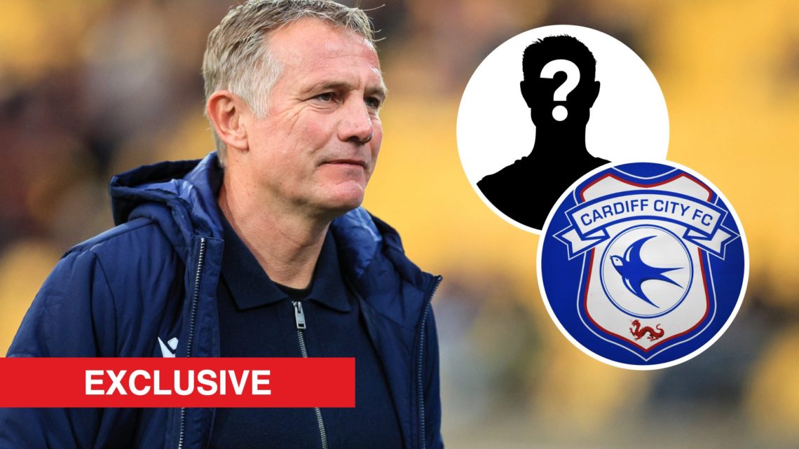 Wrexham boss Phil Parkinson looks on. Inset, the Cardiff City badge and a mystery player icon.