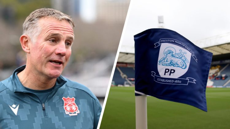 Phil Parkinson, coach of Wrexham AFC, speaks to the media. Preston North End badge on a corner flag at Deepdale